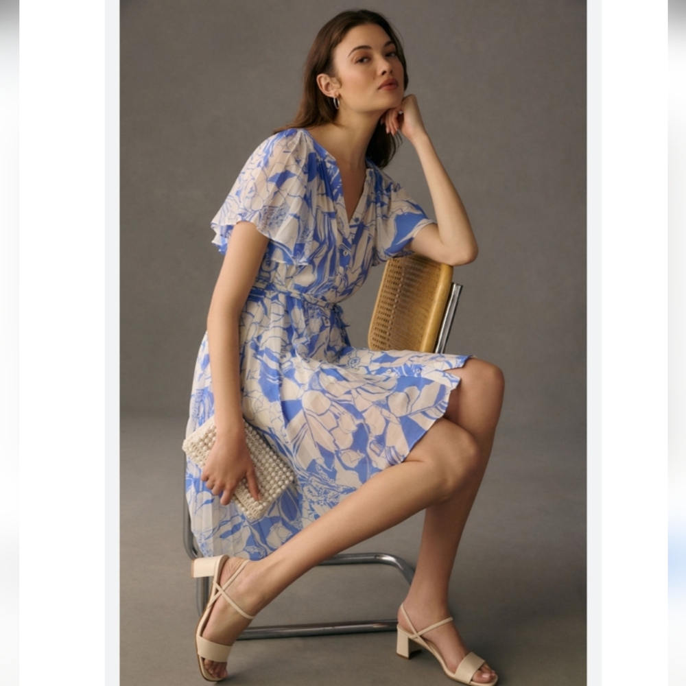 Anthropologie Ruffle-Sleeve Pleated Button-Down Dress Size S